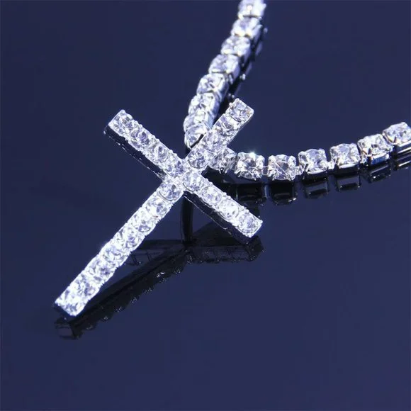 Big Cross Necklace Tennis Chain Crystal Rhinestone Choker Necklace Women Collar - Picture 3 of 8